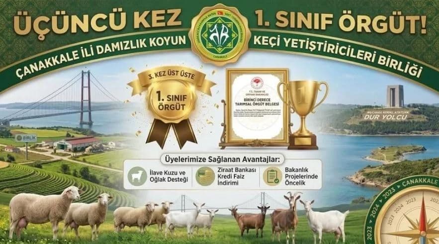 Çanakkale Damızlık Koyun Keçi Yetiştiricileri Birliği 3. Kez 1. Derece Tarımsal Örgüt Unvanını Aldı