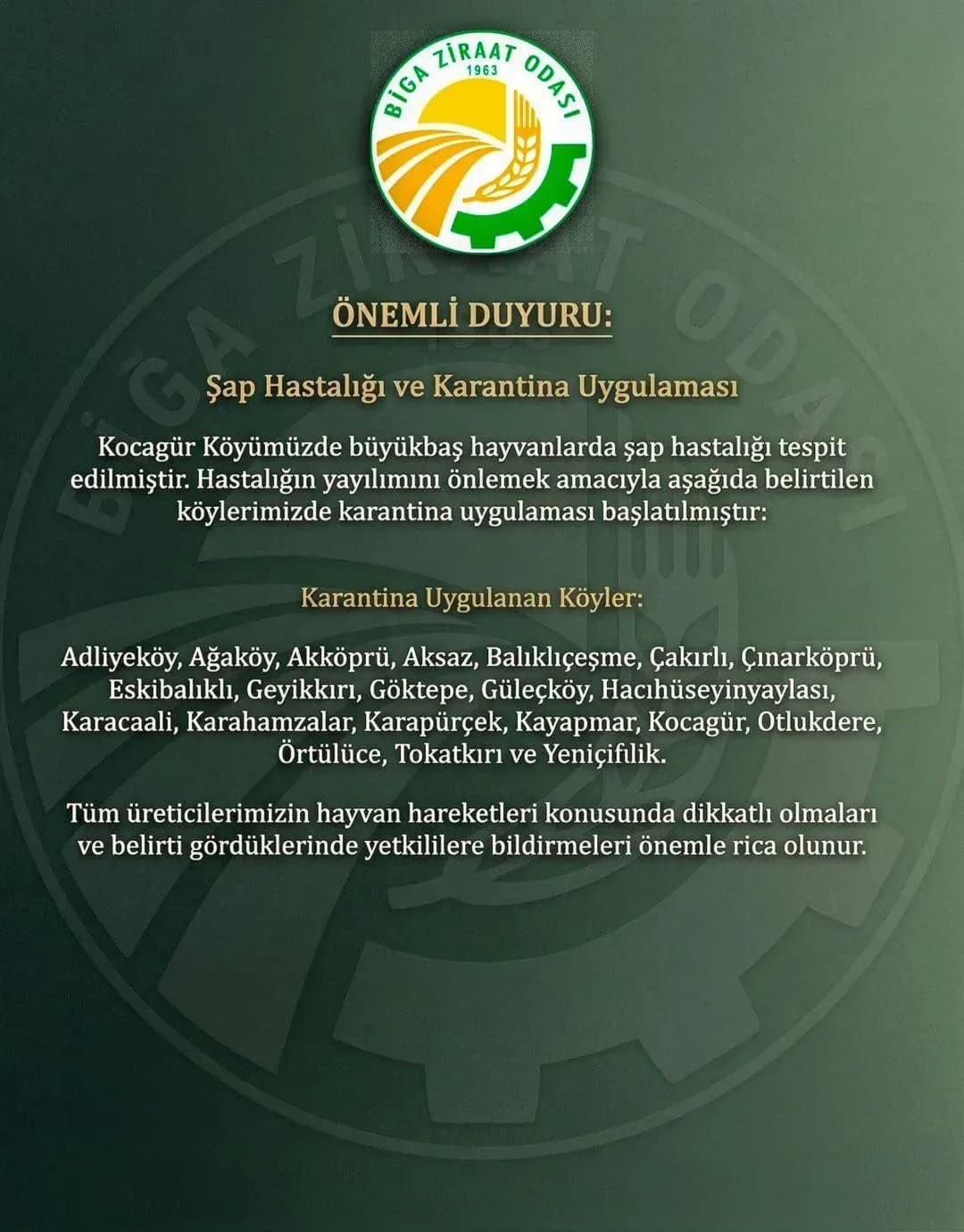 Biga'da Şap Hastalığı Endişesi: Karantinaya Alınan 20 Köyde Hayvan Hareketliliği Durduruldu