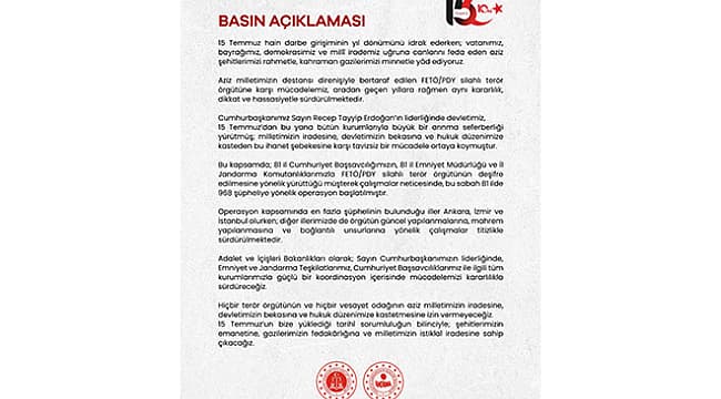 İÇİŞLERİ BAKANLIĞI'NDAN 15 TEMMUZ MESAJI
