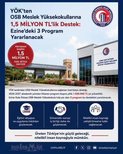 YÖK’ten OSB Meslek Yüksekokullarına Önemli Destek: ÇOMÜ’nün 3 Programı Yararlanacak