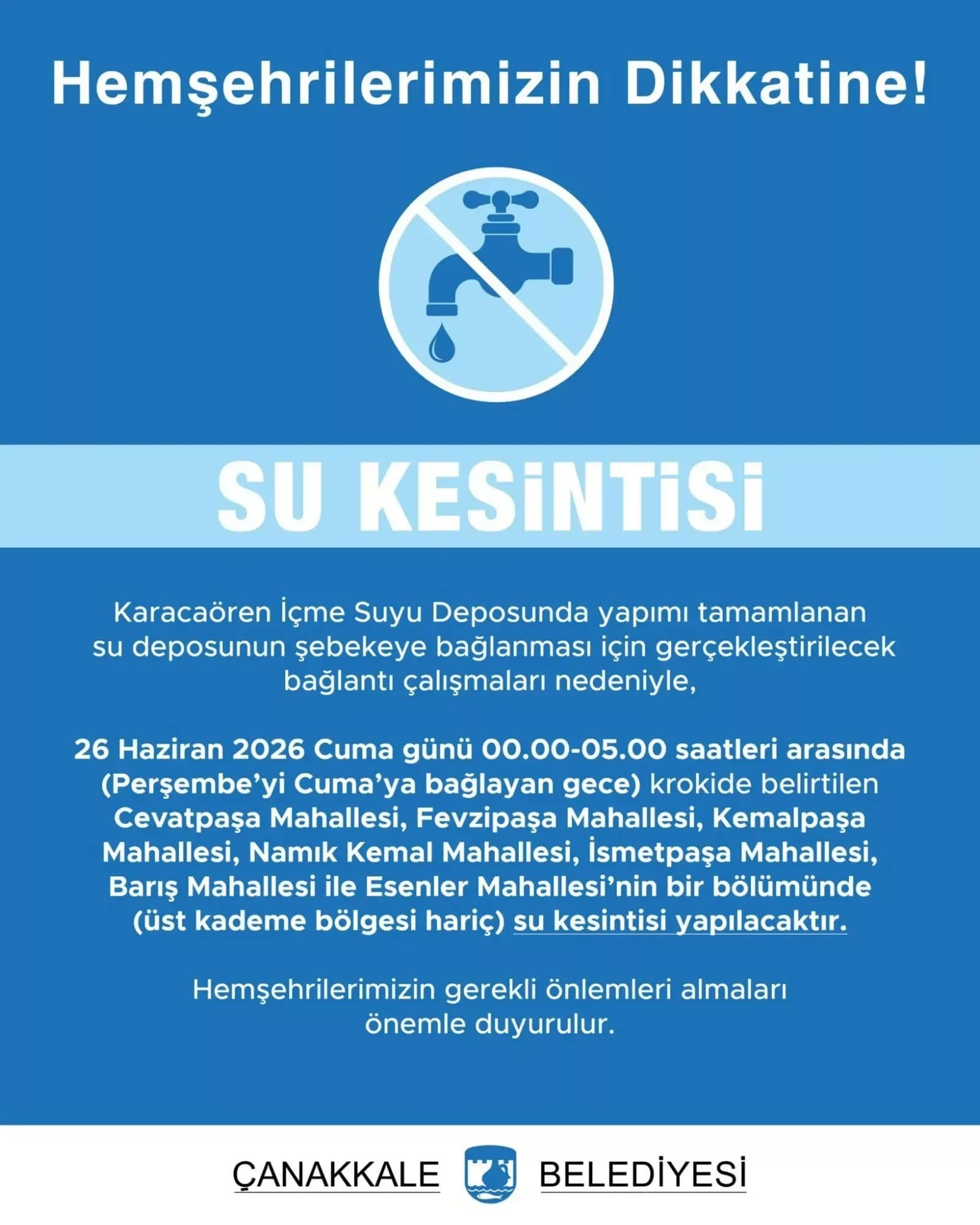 Çanakkale'de Su Kesintisi Uyarısı