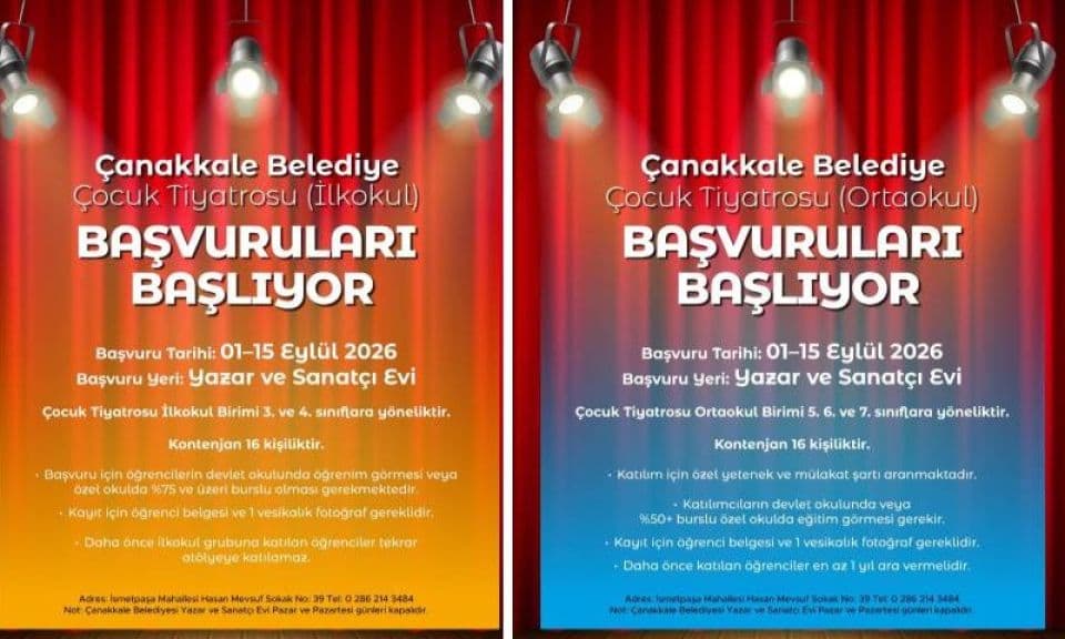 Çanakkale Belediyesi çocuk ve genç tiyatroları için başvurular bugün itibarıyla başlangıç yaptı