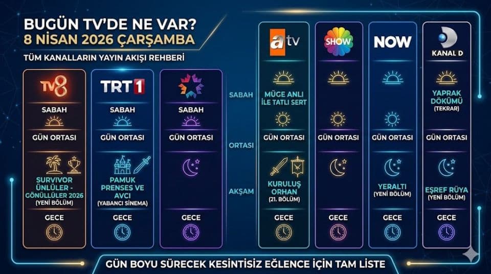 8 Nisan 2026 Çarşamba TV Rehberi: Tüm Kanalların Yayın Akışı