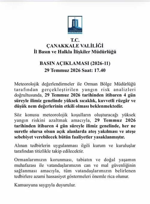 Çanakkale'de Ateş Yakılması Yasaklandı