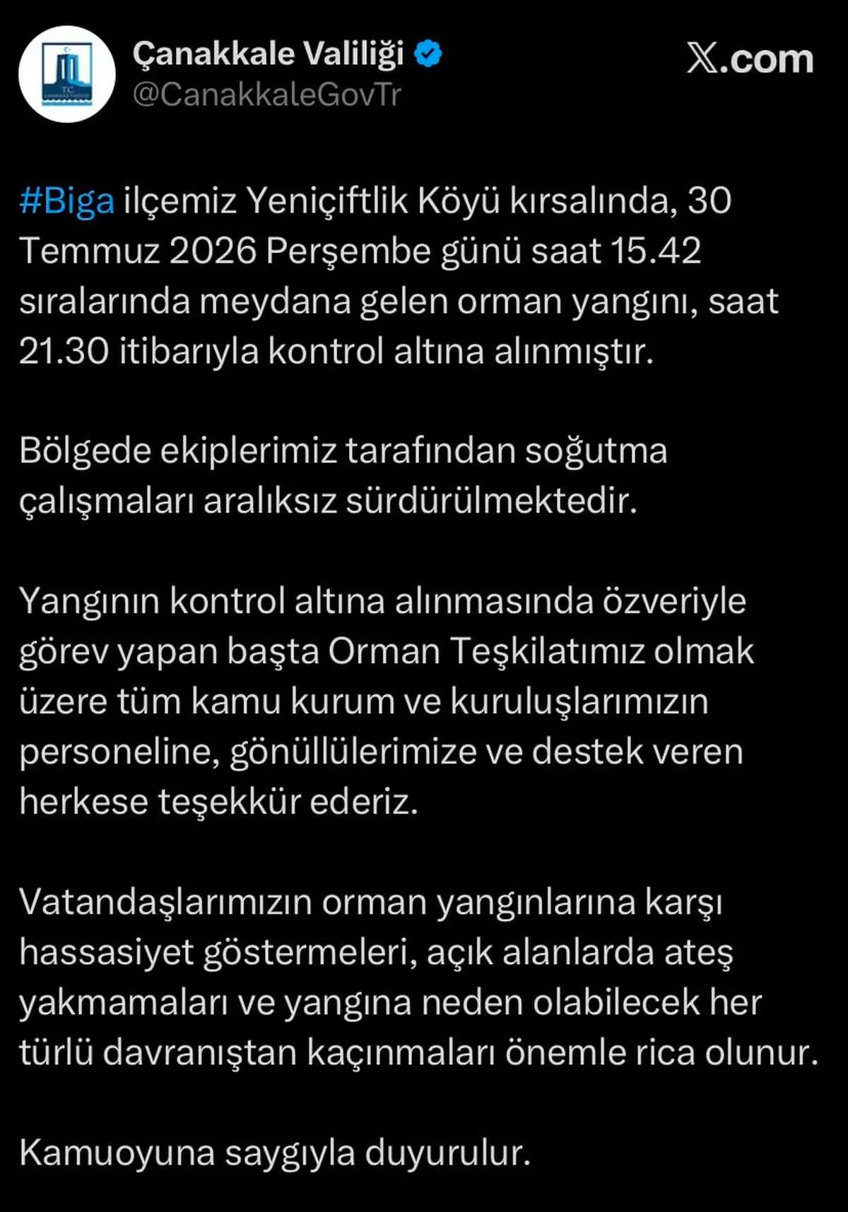 Biga'da Çıkan Yangın Kontrol Altına Alındı