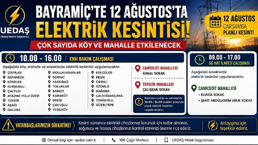 Bayramıç’ta 12 Ağustos’ta Planlı Elektrik Kesintisi: Çok Sayıda Köy ve Mahalle Etkilenecek
