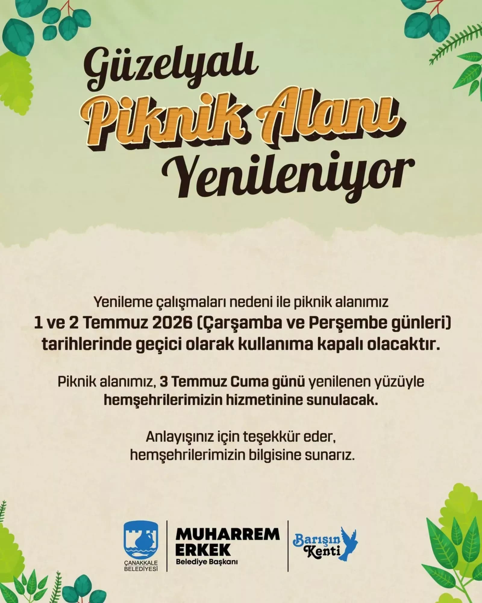 Güzelyalı Piknik Alanı Yenileme Çalışmaları Başlıyor