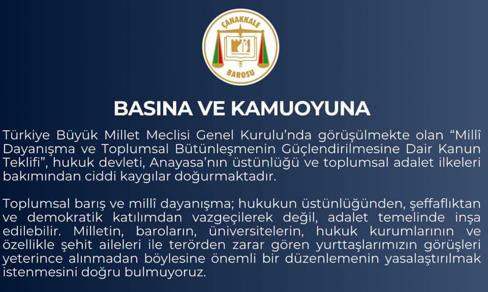 Çanakkale Barosu'ndan 'Çerçeve Yasa' Açıklaması: Hukukun Üstünlüğü ve Hak Arama Özgürlüğü