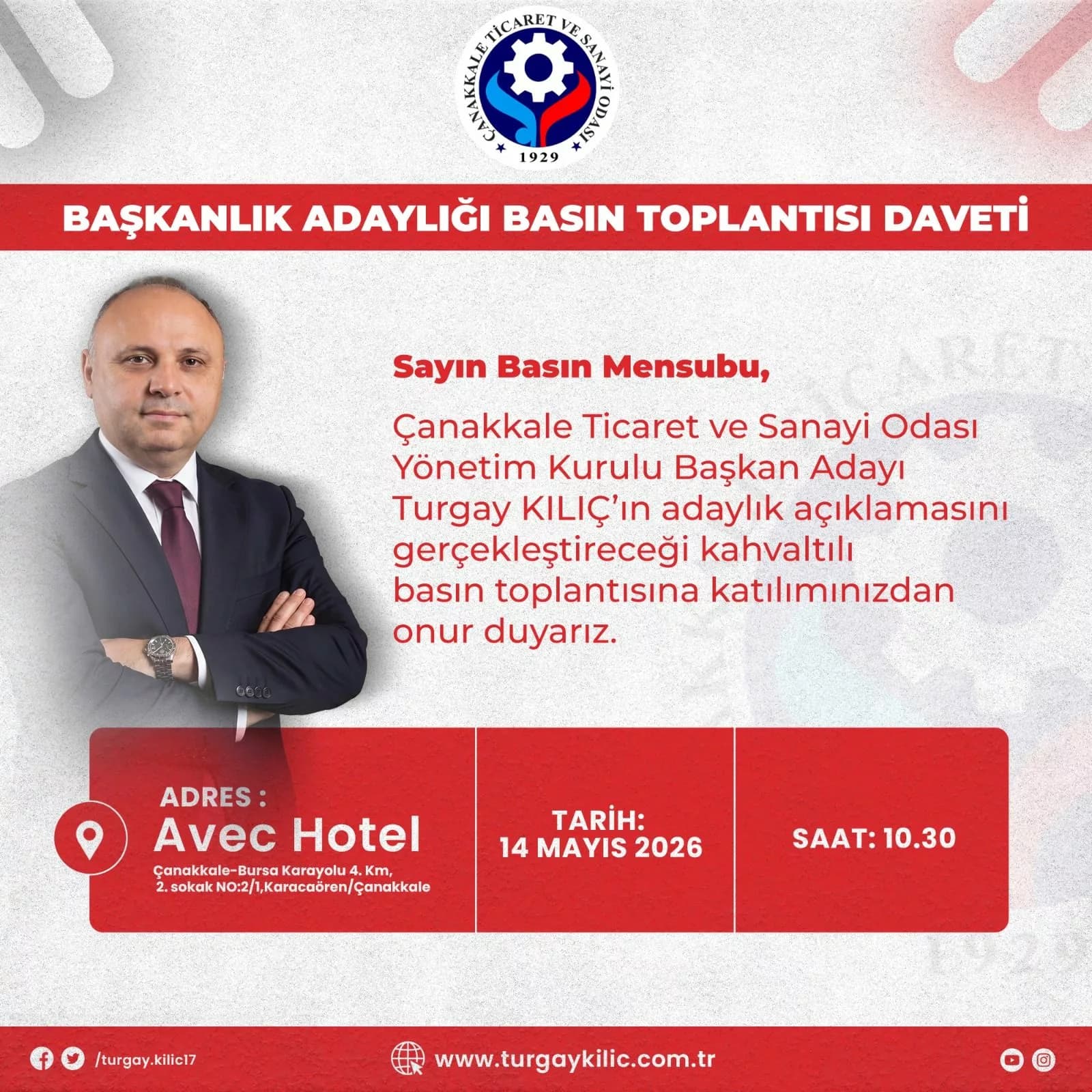 Turgay Kılıç ÇTSO Yönetim Kurulu Başkanlığına Aday