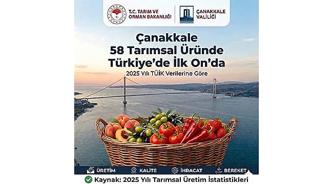 ÇANAKKALE, 58 TARIMSAL ÜRÜNDE TÜRKİYE'NİN İLK 10'U ARASINDA
