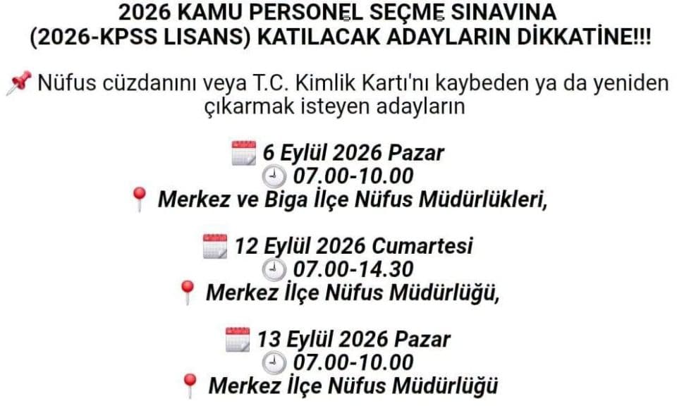 Çanakkale Valiliği KPSS Duyurusu: Nüfus Müdürlükleri 2 Hafta Sonu Açık