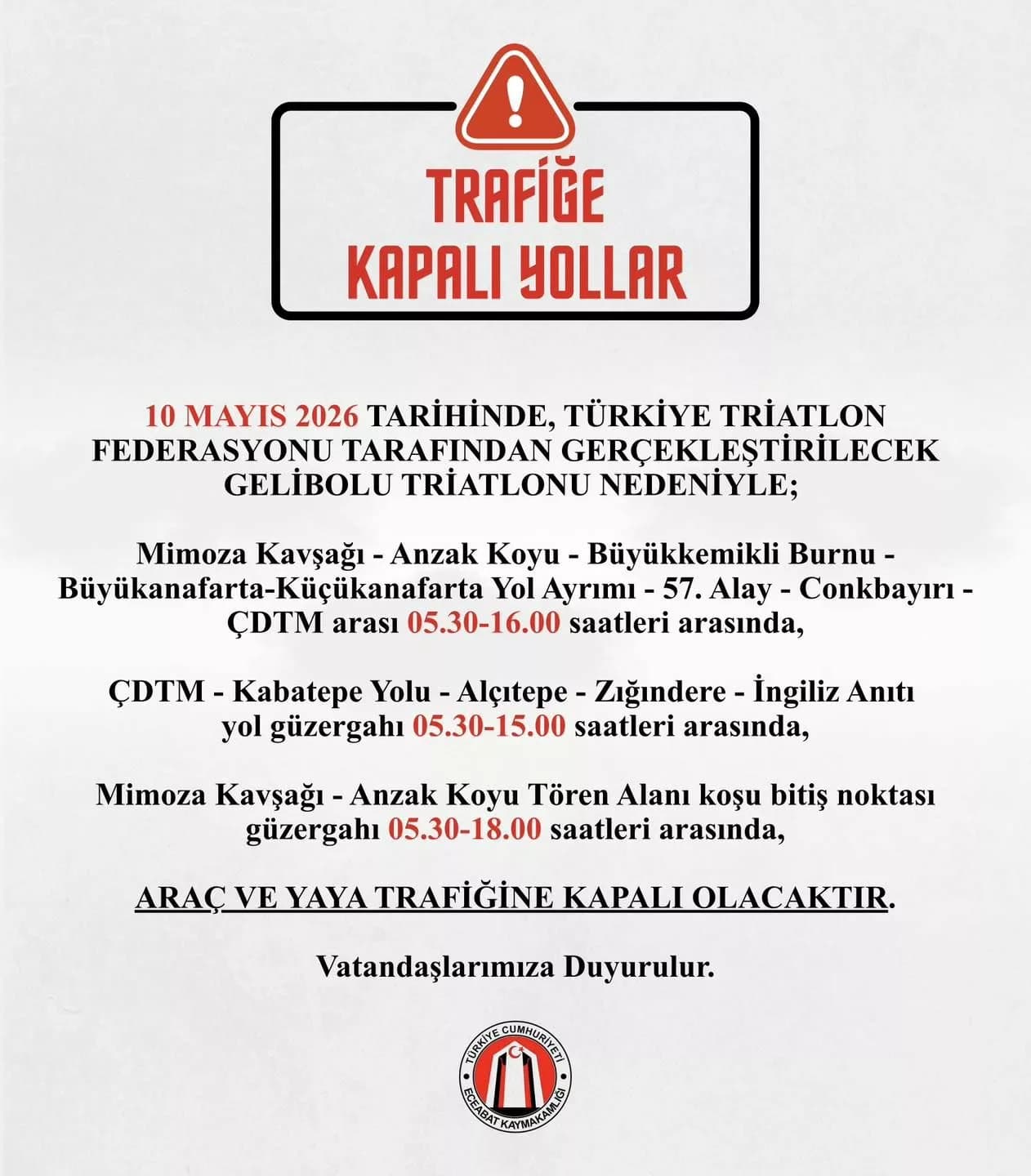Gelibolu Triatlonu Nedeniyle Yol Kapanmaları