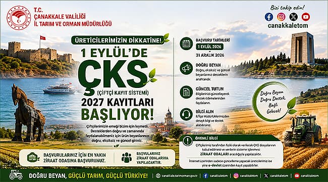 2027 ÜRETİM YILI ÇKS BAŞVURULARI BAŞLADI Çanakkale’de 2027 imalat yılı Çiftçi Kayıt Sistemi (ÇKS) başvuruları 1 Eylül 2026 itibarıyla hayata geçti. BİGA FUARI İÇİN TEKİRDAĞ’DA DAVET TURU DILDENT PROJESİ TANITIM TOPLANTISI GERÇEKLEŞTİRİLDİ