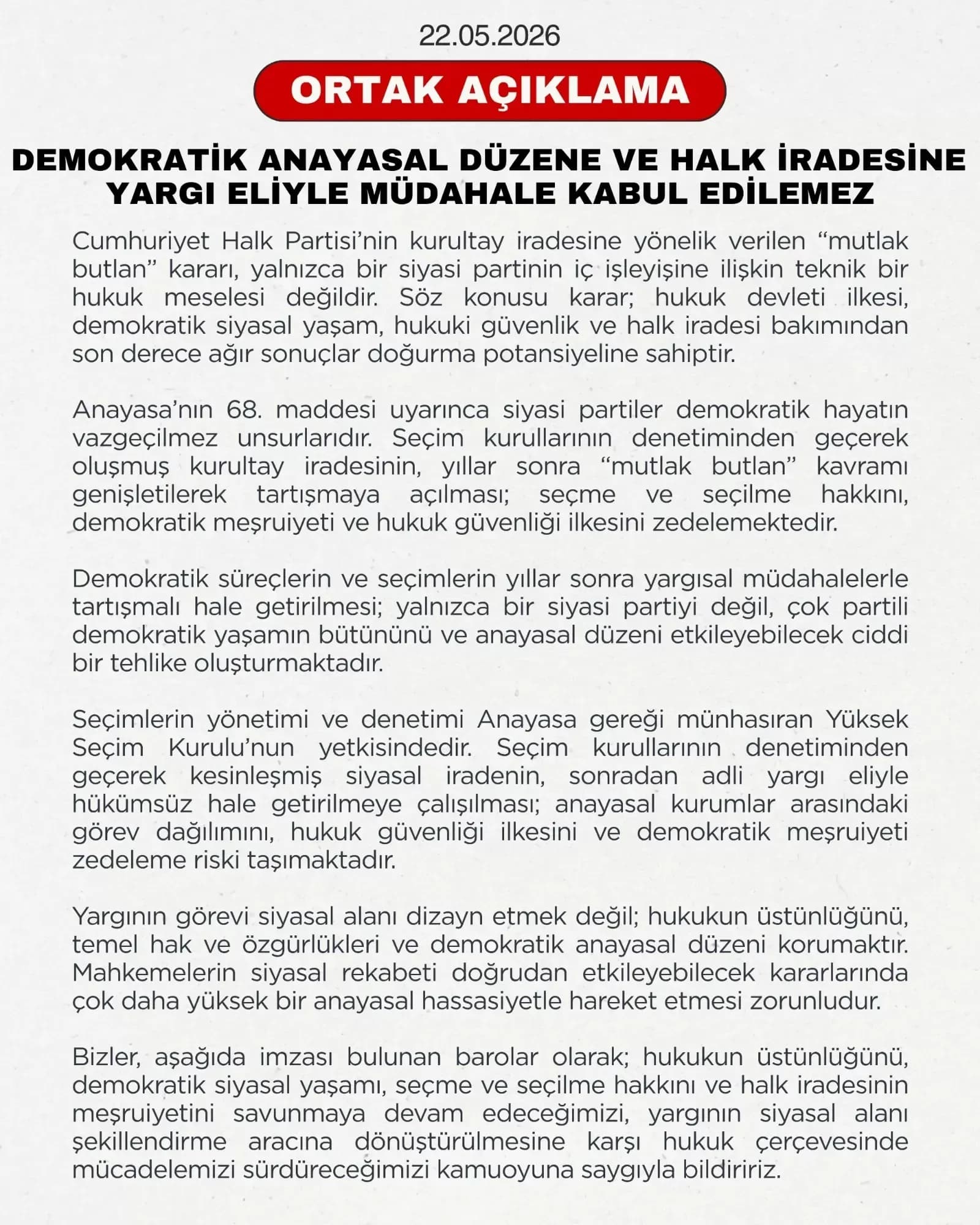 Halk İradesine Yargı Eliyle Müdahale Kabul Edilemez