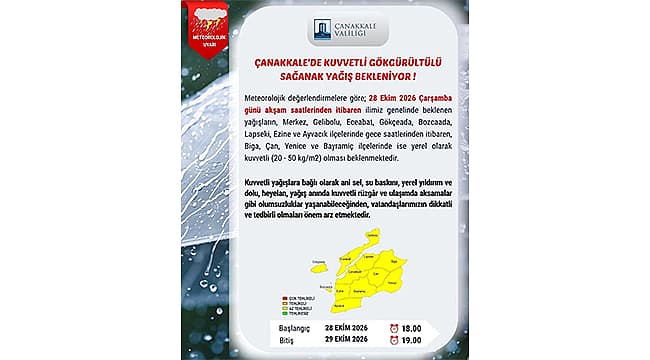 ÇANAKKALE İÇİN KUVVETLİ SAĞANAK UYARISI! Çanakkale’de gök gürültülü kuvvetli sağanak sağanak öngörülüyor. Çanakkale Valiliği, hemşehrileri yaşanabilecek olumsuzluklara karşı dikkatli ve önlemli olmaları hususunda uyarıda bulundu. ÇANAKKALE’DE