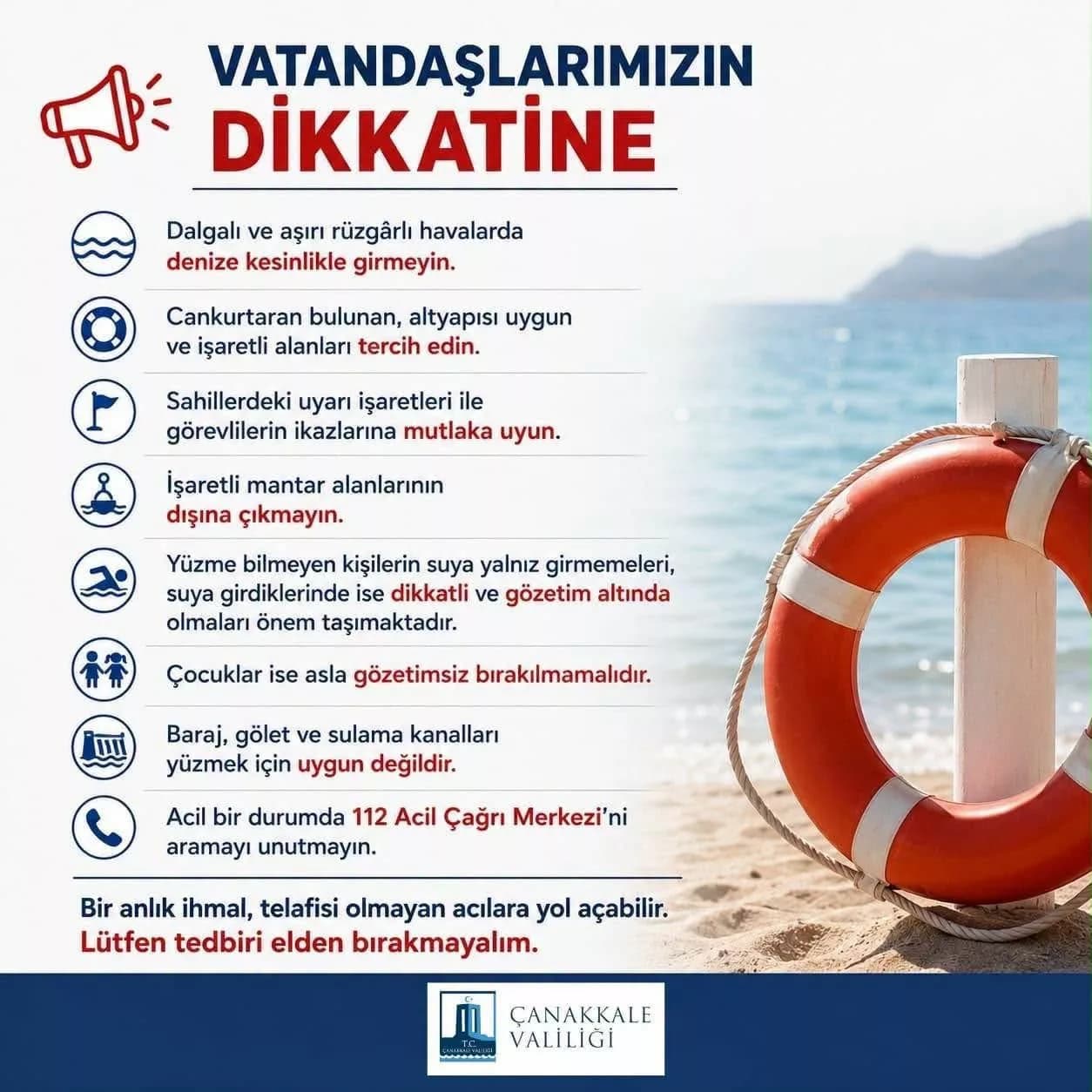 Çanakkale Valiliğinden Güvenli Yaz İçin Uyarı