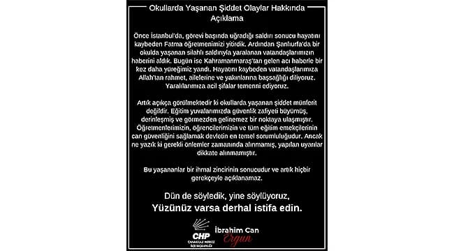 CHP Çanakkale Merkez İlçe Başkanlığı Okullardaki Şiddet Olaylarına Tepki Gösterdi